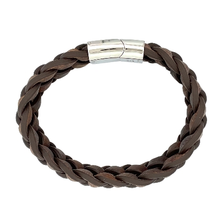Stainless Steel Chisel Polished Brown Braided Leather 8.75inch Bracelet #SRB1627-8.75