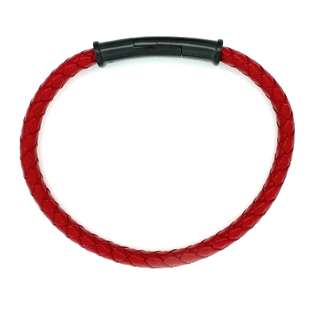 Stainless Steel Chisel Brushed Black IP-Plated Red Braided Leather 8.5inch Bracelet #SRB2407-8.5
