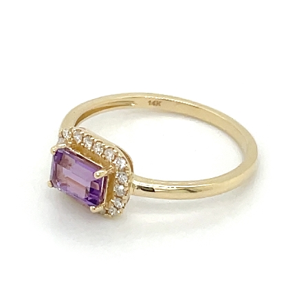 14K Yellow Gold Emerald Shape East-West Halo Fashion Ring w/Amethyst=.65ct and 18Diams=.12ctw Size 6.5 #16621AM