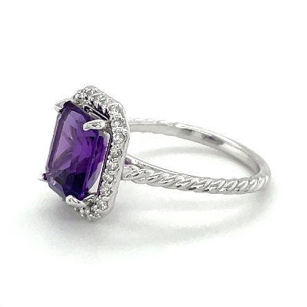 14K White Gold Emerald-Cut Rope Twist Halo Ring w/Amethyst=2.69ct and 26Diams=.25ctw SI H-I Size 7 #72014