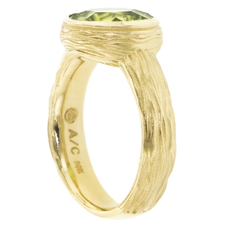 14K Yellow Gold Round Bezel Bark Finish Ring w/10mm Peridot=3.41ct Size 7 #22985L
