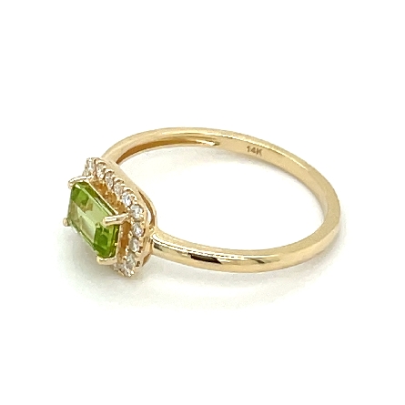 14K Yellow Gold Emerald Shape East-West Halo Fashion Ring w/Peridot=.75ct and 18Diams=.12ctw Size 6.5 #16621PD