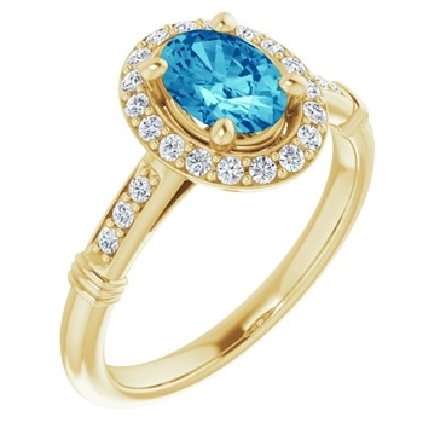14K Yellow Gold Oval Halo Ring w/Blue Zircon=1.32ct and 24Diams=.22ctw SI H-I Size 7 #71629
