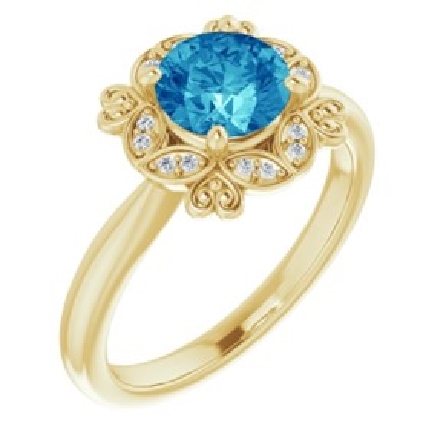 14K Yellow Gold Floral Halo Ring w/Blue Zircon=1.57ct and 16Diams=.03ctw SI H-I Size 7 #72000