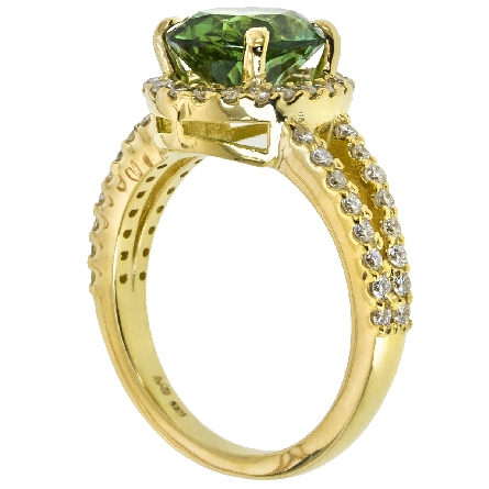 14K Yellow Gold Split Shank Fashion Ring w/Green Tourmaline=2.60ct and 54Diams=.59ctw SI H-I Size 7 #25080L