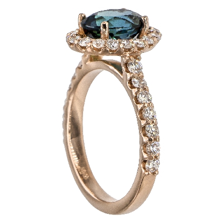 14K Rose Gold Oval Halo Ring w/Blue Tourmaline=2.30ct; 18Diams=.37ctw and 14Diams=.51ctw SI H-I Size 6.75 #122804
