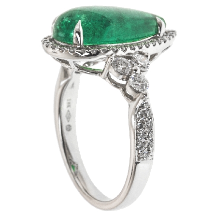 18K White Gold Pear-Shaped Fashion Ring w/Cabochon Emerald=3.79ct and 62Diams=.67ctw VS G Size 6.5 #R31-093440