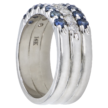 14K White Gold 3Row Prong Set Band w/14Sapphire=.89ctw and 8Diams=.43ctw SI H-I Size 6.5 #A3RPSOB