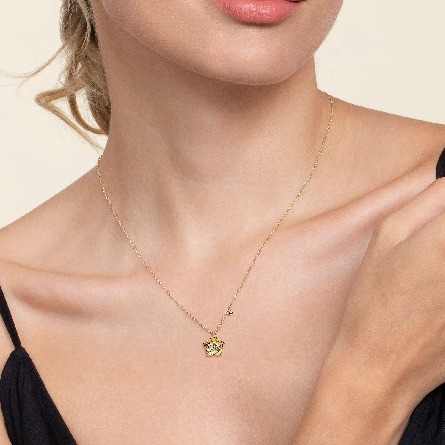 14K Yellow Gold Adjustable 15.5-17.5inch Floral Drop Necklace w/Blue Topaz=.17ctw #NK7667Y4JBT (S1955025)