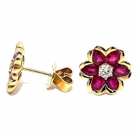 14K Yellow Gold Flower Post Back Earrings w/Rubies=2.45ctw and Diams=.26ctw SI G-H #E-8057-P (K9631)