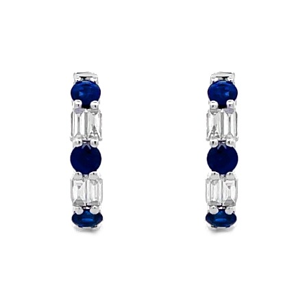 14K White Gold Alternating Baguette and Round Huggie Hoop Earrings w/Sapphires=.85ctw and Diams=.27ctw SI H-I #E-9256-F (N2790)