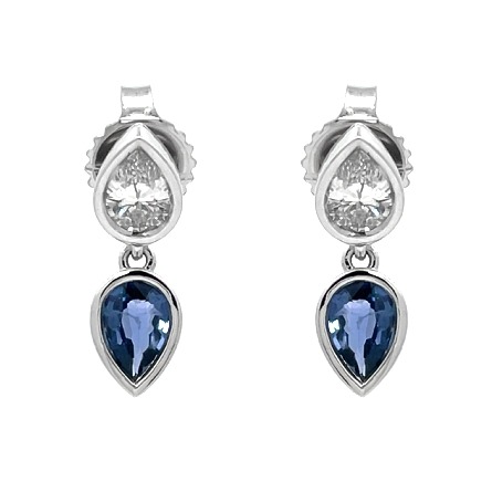 14K White Gold Bezel Two Stone Dangle Earrings w/Sapphire and Diams=.90ctw SI2 G-H #ET25-114B-BL