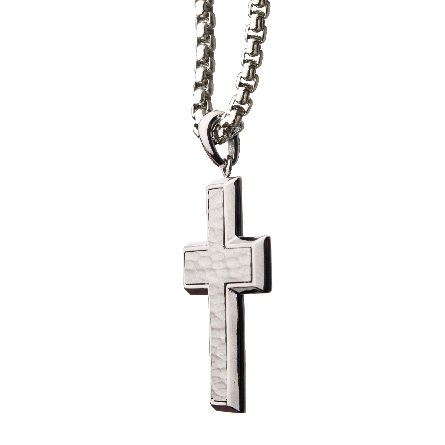 Matte Stainless Steel Hammered Design Cross Pendant on 22inch long Box Chain #SSP22019NK