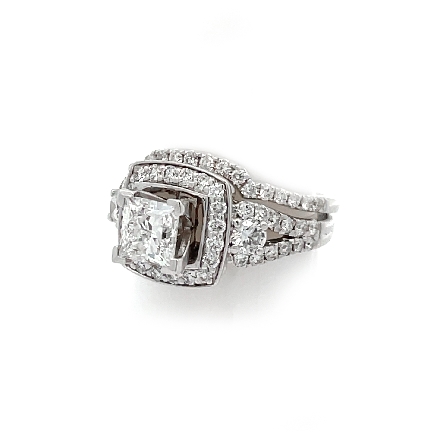 14K White Gold Estate Bridal Set: Square Halo Split Shank Engagement Ring w/1Princess Cut Diamond=.90apx SI2 I and 46 Round Diamonds=.86apx VS2-SI1 H-I and Cordinating Curved Prong Set Wedding Band w/19Diamonds=.24apx VS2-SI1 H-I size6 4.0dwt