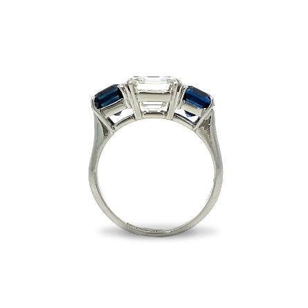 Platinum Estate 3 Stone Custom Ring w/1 Square Emerald Cut Diamond=3.01ct VS1 G and 2Sapphires=2.66ctw Size5.5