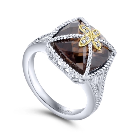 Sterling Silver and 18K Yellow Gold Fashion Ladies Ring w/Smoky Quartz=7.41ct and Diams=.04ctw Size 4