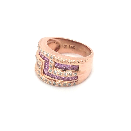 14K Rose Gold Estate Pink Sapphire Zig Zag Wide Bar Fashion Ring w/Diams=.34apx SI H-I Size 7 7.10dwt