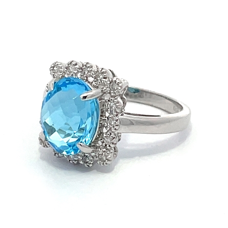 14K White Gold Estate Blue Topaz Rectangle Milgrain Halo Ring w/Diamonds=.08apx SI2-I1 H-I Size6.5 
