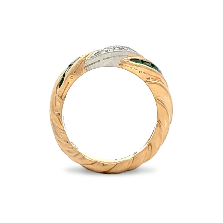18K Yellow Gold and Platinum Estate Twist Band w/Emerald and Diams=.10apx SI1 H-I Size5.25 4.4dwt