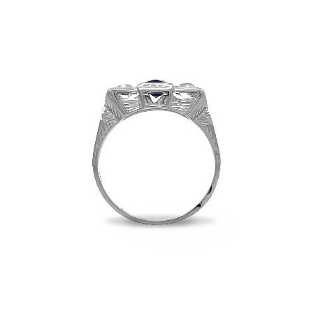 18K White Gold Estate Synthetic Blue 3Stone Antique Filigree Ring w/Diams=.36apx SI1-SI2 I Size5 2.1dwt 