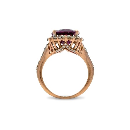 14K Rose Gold Estate Rhodolite Oval Halo Fashion Ring w/24 Round Brilliant Cut Diams=0.84apx and 4 Baguette Diams=0.13apx I1 G-H-I Size6 4.0dwt