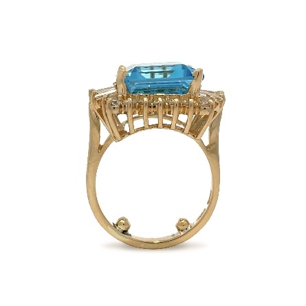 14K Yellow Gold Estate Emerald Cut Blue Topaz Square Halo Ring w/22 Round Brilliant Cut Diams=0.66apx and 6 Tapered Baguette Diams=0.45apx VS-SI H-I Size6.5 5.7dwt