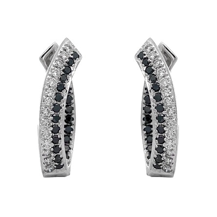 14K White Gold Estate Oval Hoop Earrings w/44Black Diams=.88apx and 44Diams=.88apx SI1-SI2 H-I 5.7dwt 