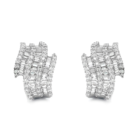 18K White Gold Estate Wave Design Omega Back Earrings w/102 Diams=1.53apx and 81 Baguette Diams=1.46apx VS-SI H-I 7.3dwt