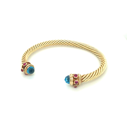 14K Yellow Gold Estate David Yurman 5mm Renaissance Cable Cuff Bracelet w/Blue Topaz and Ruby 10.5dwt