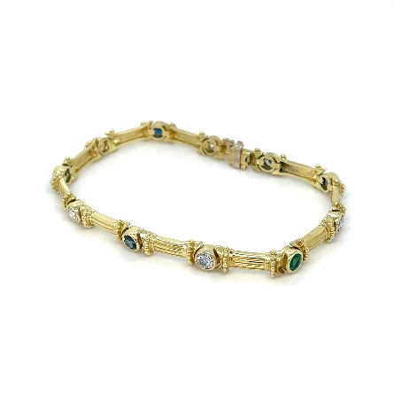 18K Yellow Gold Estate 7.75inch Bezel Set Fashion Bracelet w/2 Emeralds and 3 Sapphires and 6Diams=1.50apx VS H-I 14.3dwt