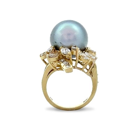 18K Yellow Gold Estate Grey Tahitian Pearl Prong and Channel Set Halo Ring Size5 w/3Baguette Diams=.25apx and 12Round Diams=.60apx and 6Marquise Diams=.80apx and 3Pear Diams=.40apx VS2-SI1 G-H 7.7dwt 