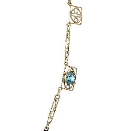 14K Yellow Gold Estate Blue Zircon and Seed Pearl Bezel Antique Style Station Drop 14inch Necklace 5.3dwt 