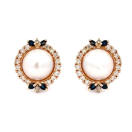 14K Yellow Gold Estate Mabe Pearl Halo Earrings w/Sapphires and 36Diams=.72apx SI G-H 6.1dwt