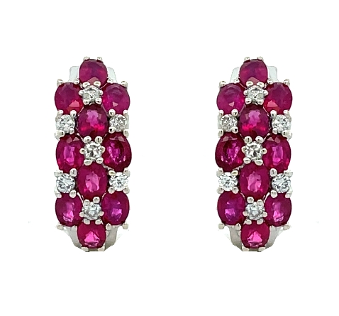 14K White Gold Estate Ruby 3Row Prong Set Omega Back Earrings w/Diams=.42apx SI G-H 5.8dwt