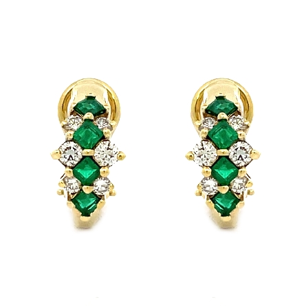 14K Yellow Gold Estate Emerald Omega Back Earrings w/Diams=.30apx VS-SI G-H 4.5dwt 