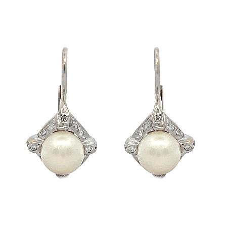 18K White Gold Estate  Cultured Pearl Pave Halo Drop Earrings w/28Diams=.28apx SI H-I 5.4dwt 
