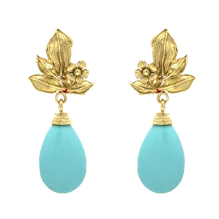 18K Yellow Gold Estate Turquoise Dangle Floral Omega Back Earrings 13.7dwt 