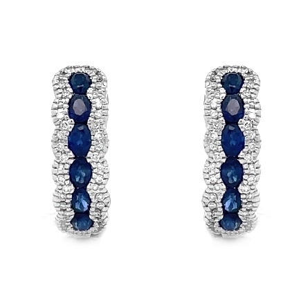 14K White Gold Estate Scallop Edge Halo Line Omega Back Earrings Sapphire=1.62apx Diams=.32apx SI1-SI2 G-H 4.4dwt 
