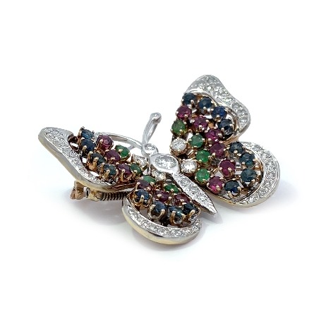 14K White and Yellow Gold Estate Ruby; Sapphire and Emerald Prong and Bezel Set Motion Butterfly Brooch w/45Diams=1.38apx VS H-I 13.7dwt
