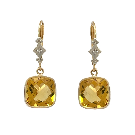 14K Yellow Gold Estate Citrine Dangle Earrings w/2Single Cut Diams=0.01apx I1-I2 J 1.7dwt