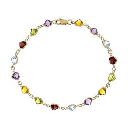 14K Yellow Gold Estate Multicolor Heart Bezel Set Link Bracelet 7inch 2.1dwt