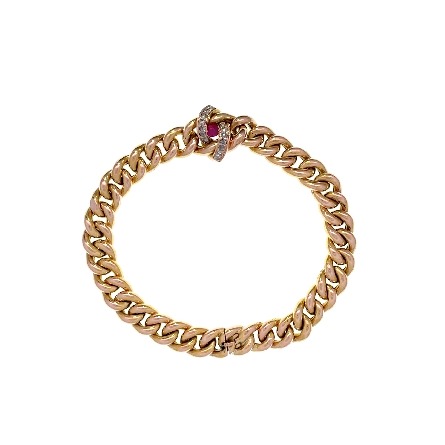 18K Yellow and Rose Gold Estate Pink Sapphire Curb Link Bracelet w/14 Rose Cut Diams=0.14apx I1 I 7.25in 11.0dwt