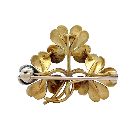 14K Yellow Gold Estate Green Enamel Triple Four Leaf Clover Pin w/Diams=0.15apx VS H Circa1910 3.0dwt