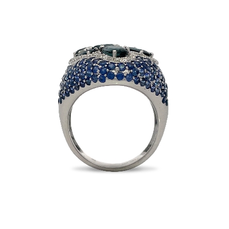 14K White Gold Estate Oval Sapphire Prong Set Cluster Pave Ring w/Diams=0.70apx SI I Size7.25 7.6dwt