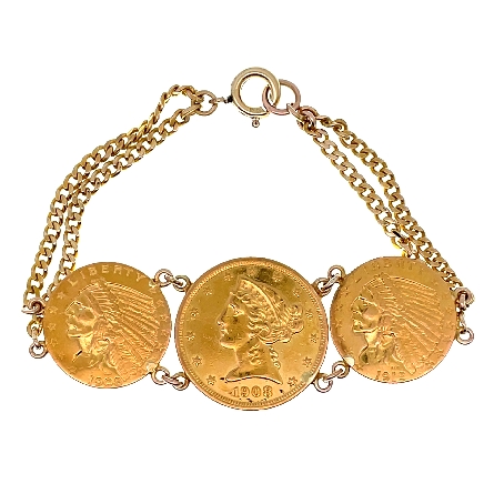 18K and 20K Yellow Gold Estate 3-Coin Double Curb Link 6.25inch Bracelet w/$5 Gold Liberty and $2.50 Gold Indian Coins 13.3dwt